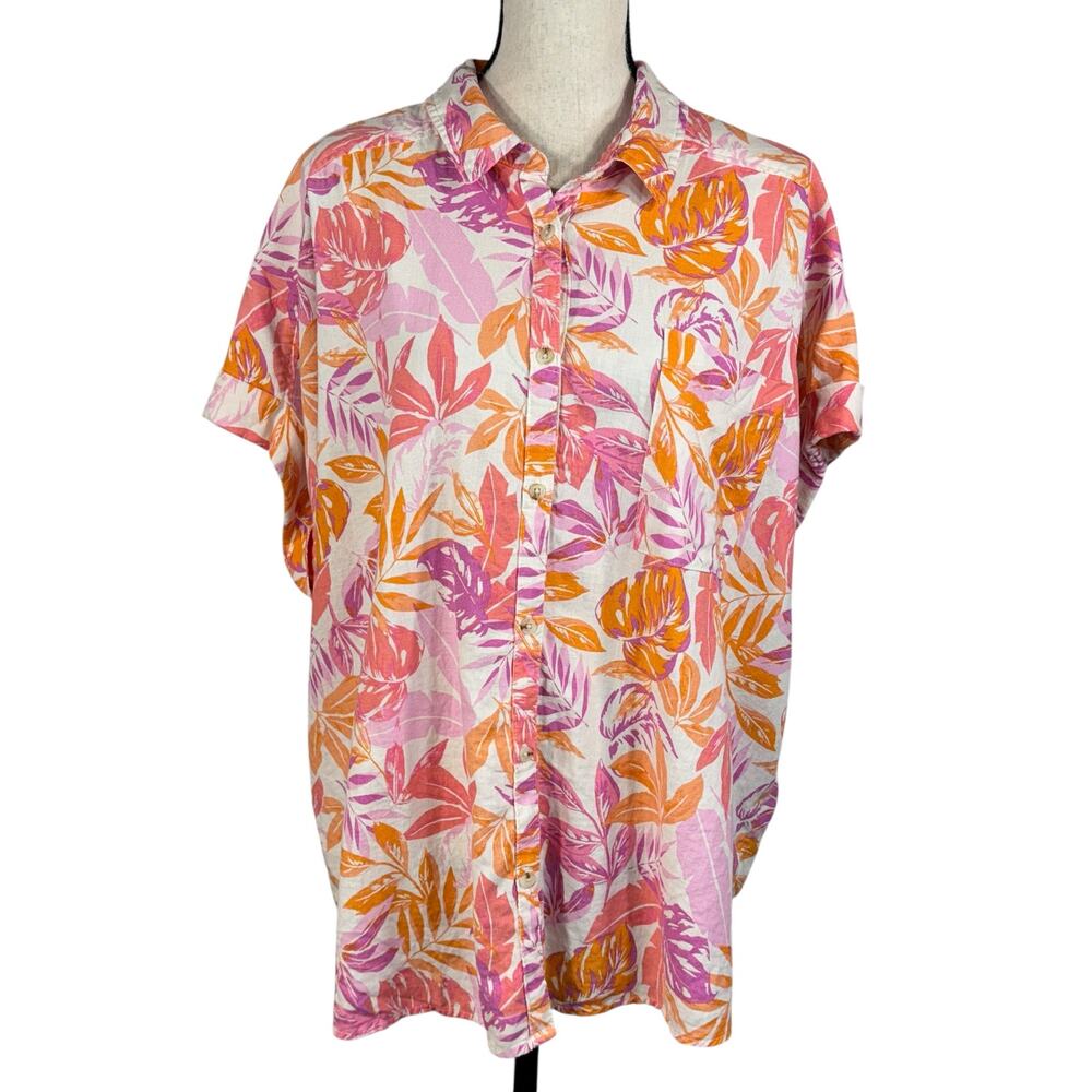 Terra & Sky 2X-Large (20W/22W) Top Button-Up Cuffed Dolman Sleeves Linen Blend